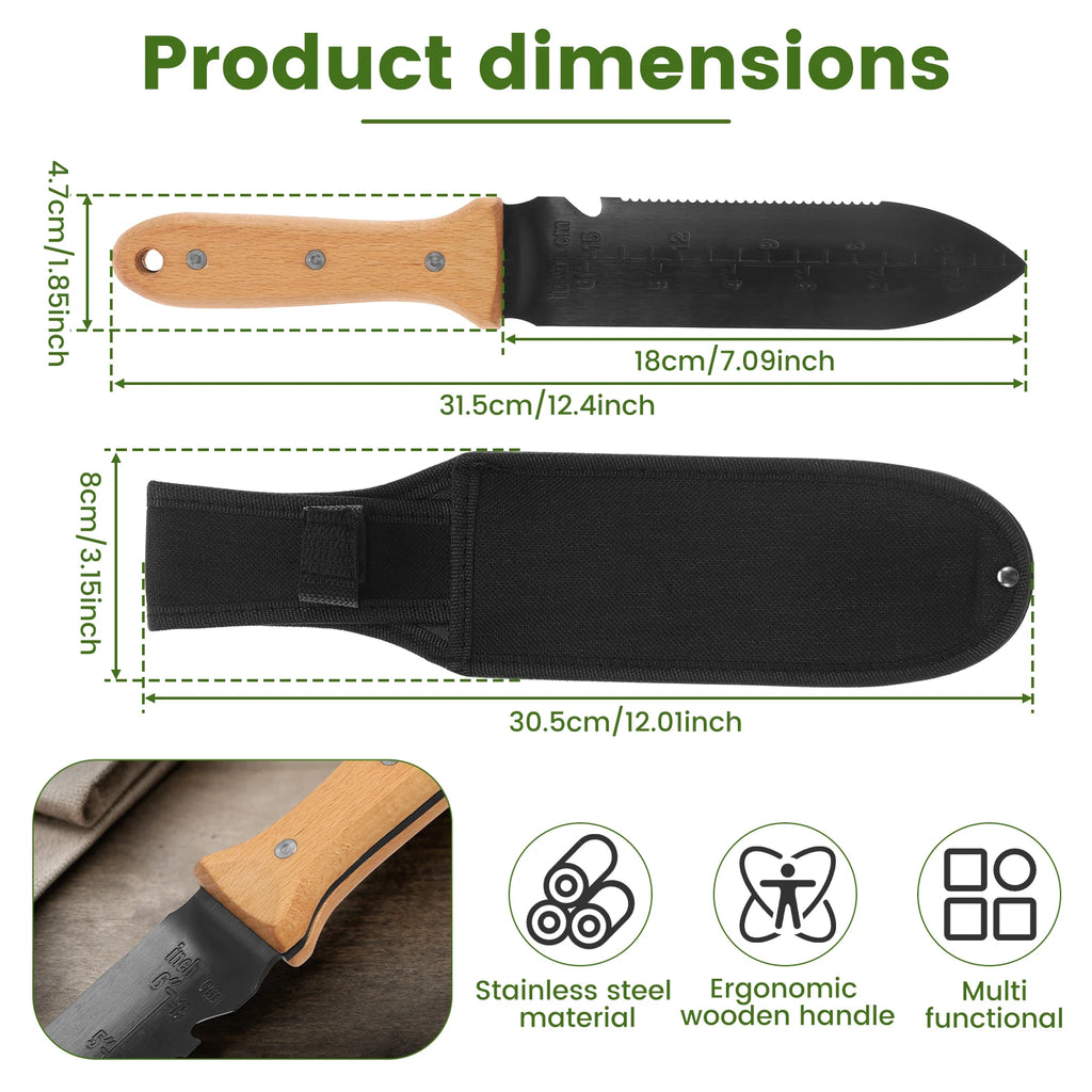 Garden Trowel Stainless Steel Hand Shovel Multi Use Serrated Edge Weeding Tool Dual Scale Rivet Reinforced Beech Wooden Handle Zpaxo Multifunctional Spade & Shovel 1pc 12inch