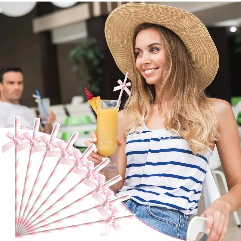 Pink Striped Bow Paper Straws Ribbon Labels Disposable Party Drinking