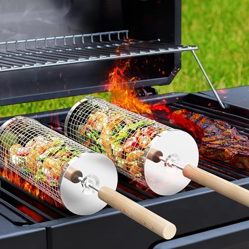 Rolling Grill Basket Detachable Handle 304 Stainless Steel Extra