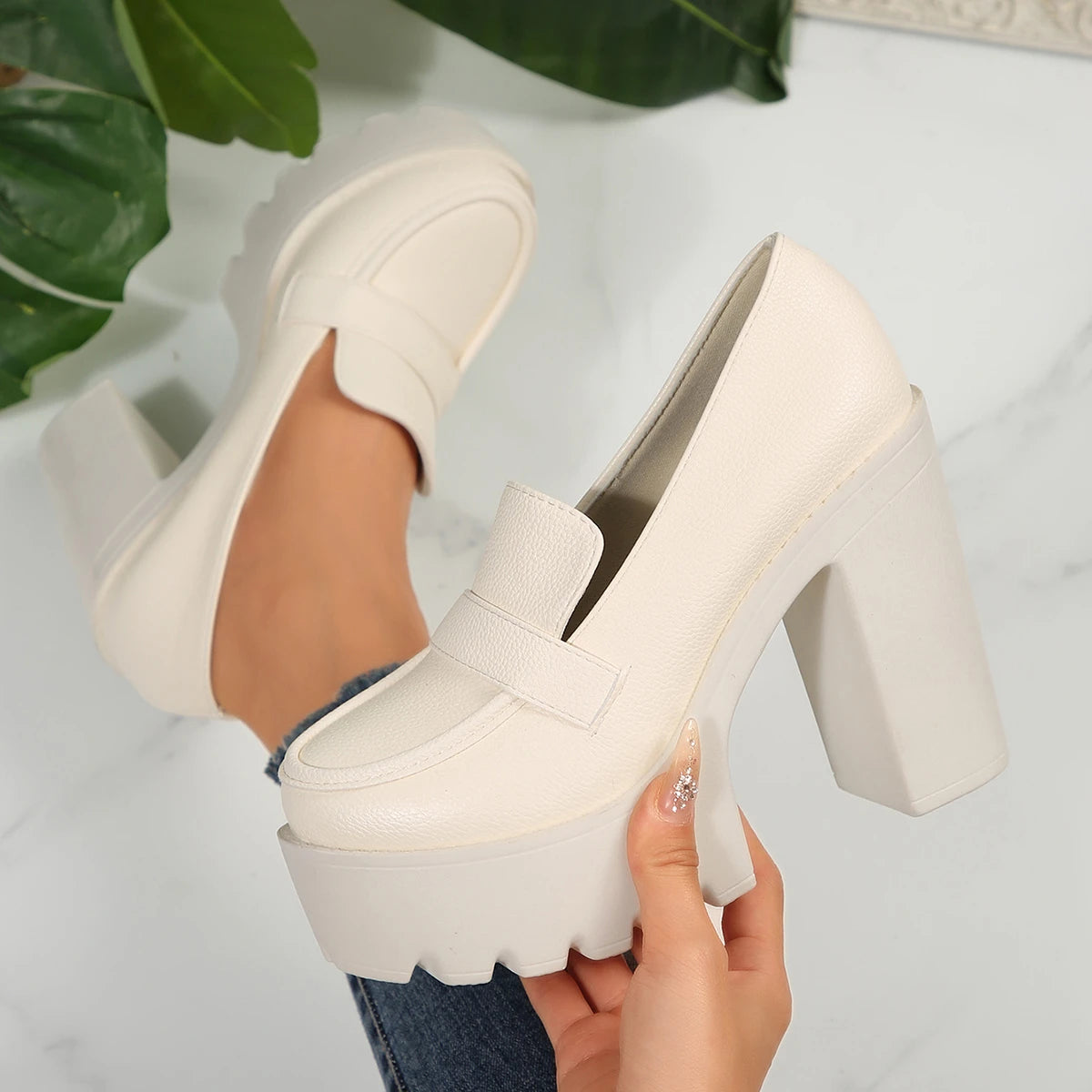 Retro Le Fu Shoes 2025 New Thick Soled High Heels Daily Luxury Women Solid Color Temperament Mary Jane with Follow-up Shoes Zpaxo Beige 43