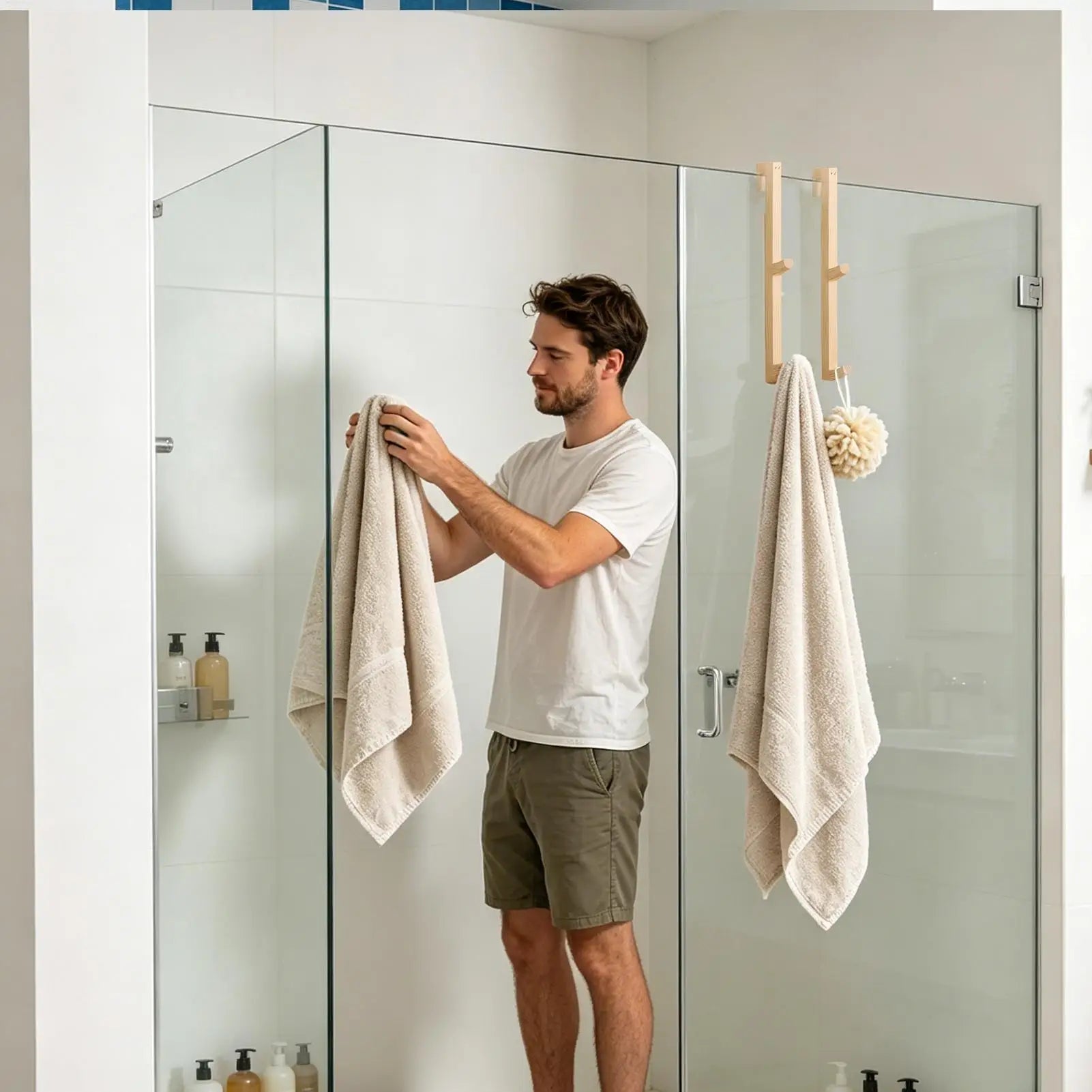 Bathroom Towel Hooks Wooden No Drill Wall Glass Door Shower Holder