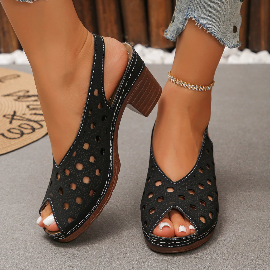 Women Sandals 2025 Retro Comfortable Summer Shoes Women Thick Heeled Fish Mouth Middle Heeled Sandals Fashion Hollow Shoes Women Zpaxo