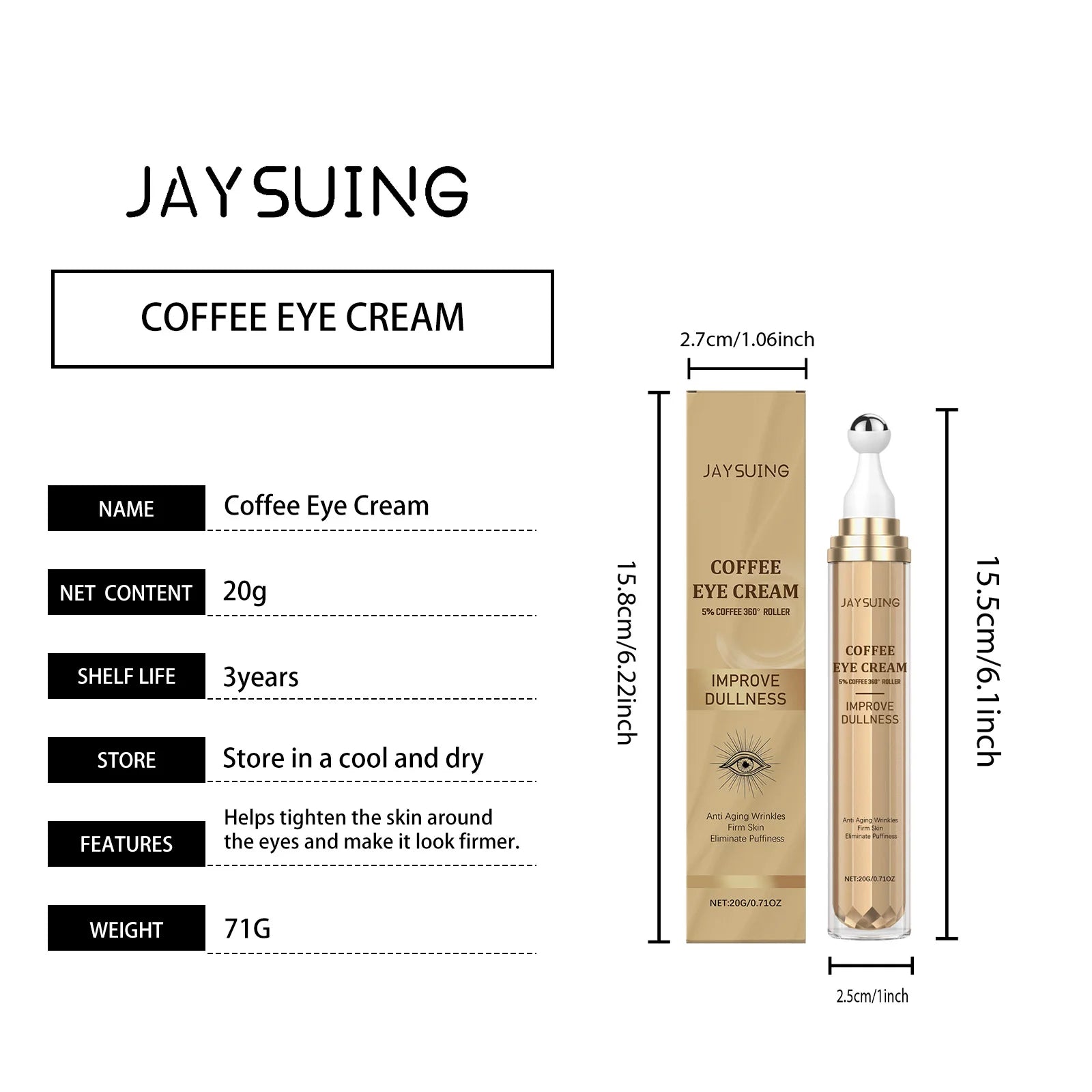 Coffee Eye Care Products Eye Cream with Roller Moisturizing Eye Mask Anti-Dark Circles Eye Serum for Puffiness Firming Hydration Zpaxo Eye Cream