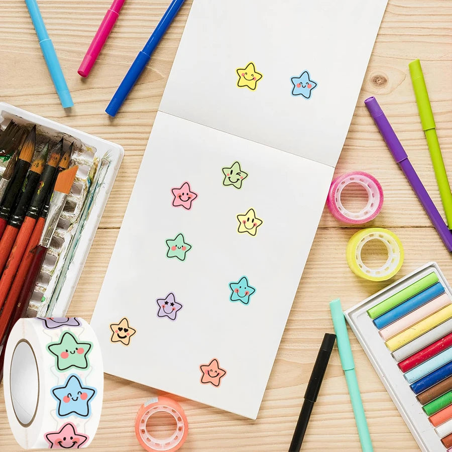 500 Pcs Colorful Star Expression Stickers Roll - Pastel Aesthetic Star-Shaped Labels with Cheerful Design, Self-Adhesive Zpaxo