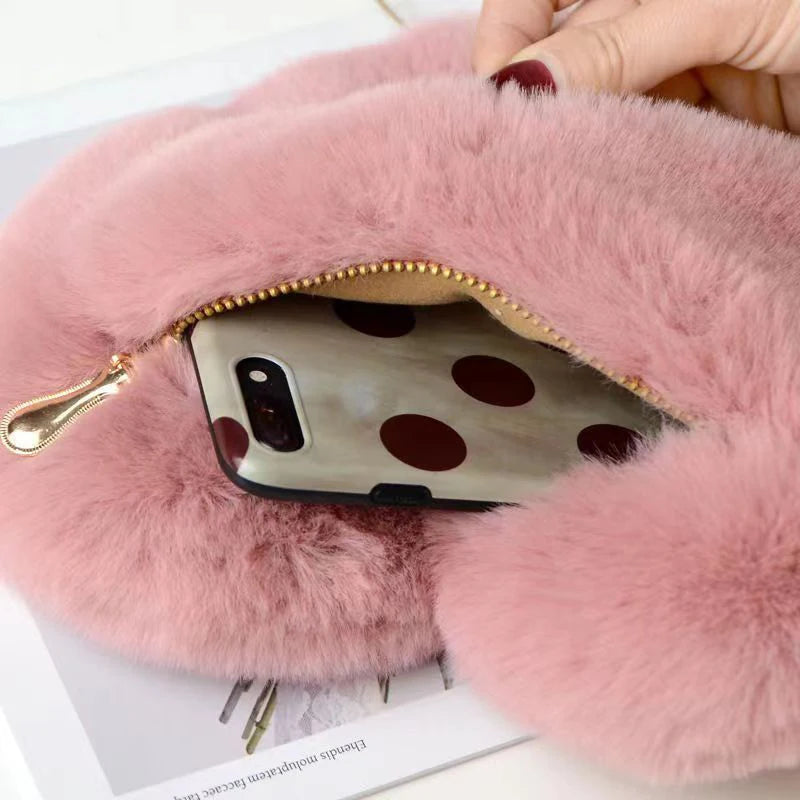 Heart Shaped Handbag Faux Fur Crossbody Bag Lady Soft Plush Chain