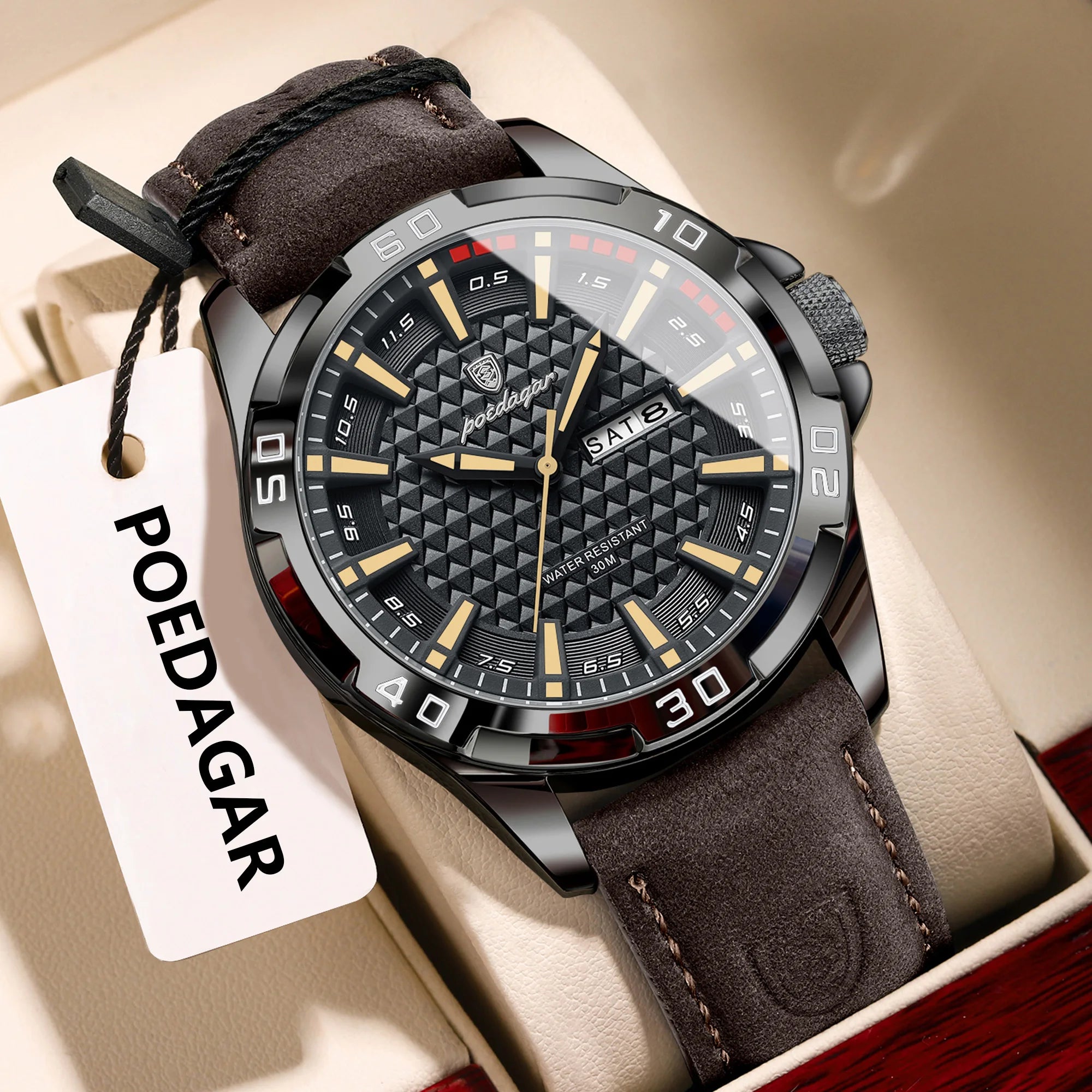 POEDAGAR Original Men Watch Luxury Waterproof Luminous Date Week Watch For Man Quartz Leather Fashion Men's Watches Reloj Hombre Zpaxo 895 Black Gold
