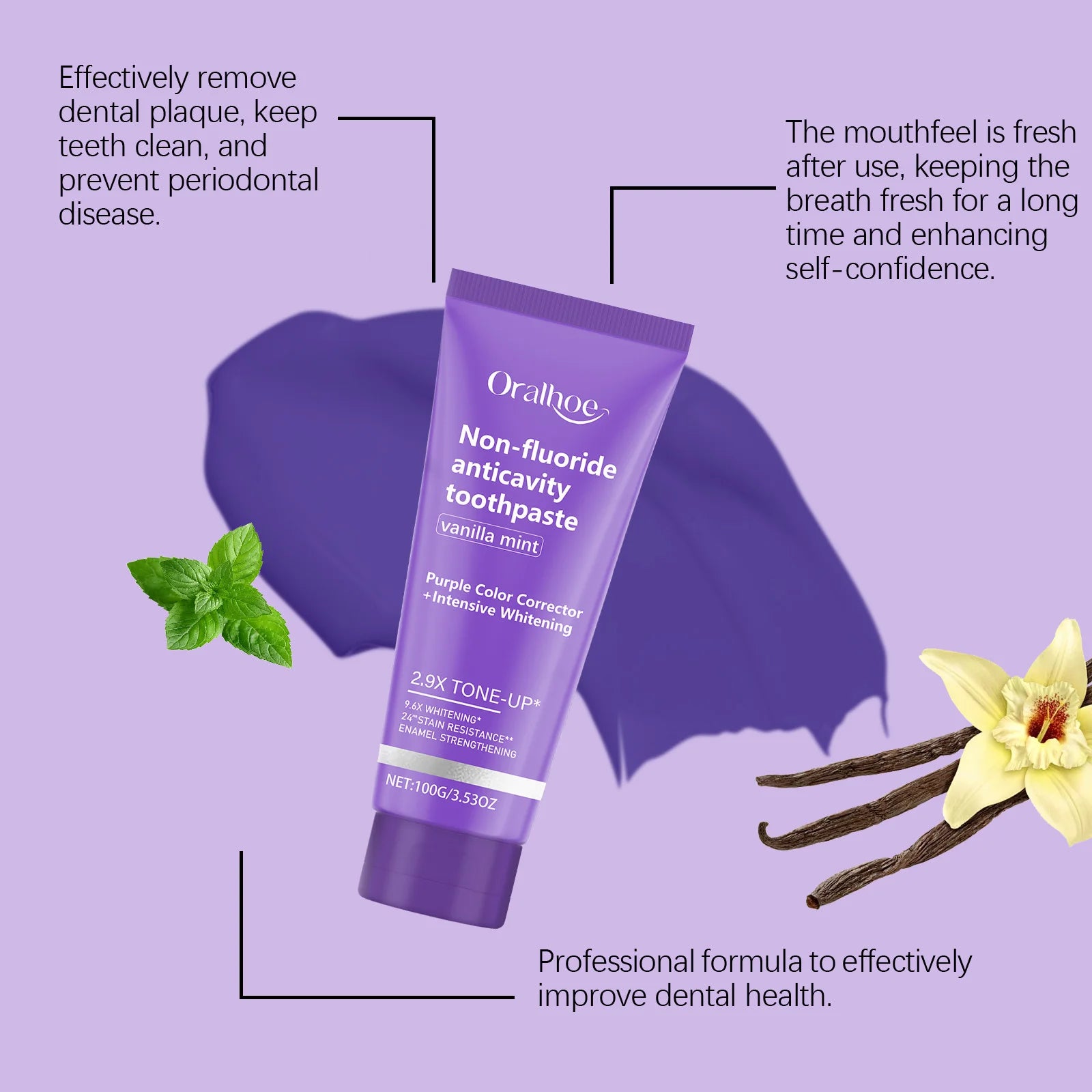 Oralhoe Purple Whitening Toothpaste – Vanilla Mint, Non-Fluoride Whitening Toothpaste Zpaxo