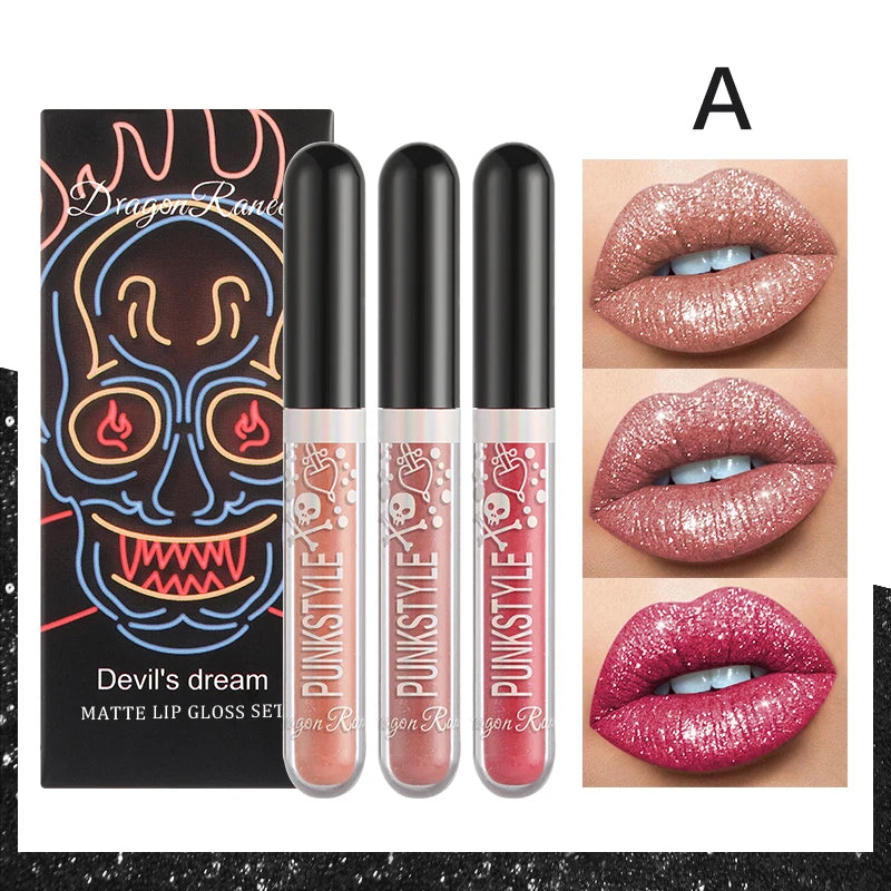 Lip Gloss in a Box of Three, Pearlescent Lipstick in a Non-Stick Cup, Shiny Purple and Black Lip Gloss Set Zpaxo D8011A