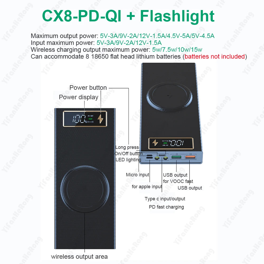 Wireless Power Bank Battery Case 12V PD QC3.0 USB C Quick Fast Charging DIY Shell 18650 Battery Charger Case for iPhone 14 Zpaxo