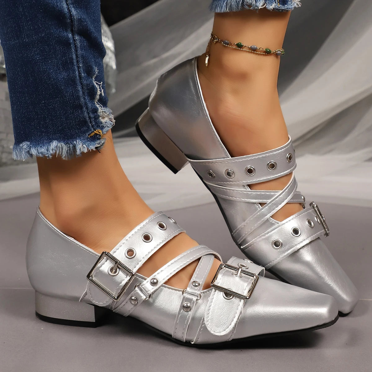 Women Pumps 2025 New Chunky Heel Slip-On Women Shoes Leather Round Toe Retro Style High Heels Cross-Band Mary Janes Shoes Women Zpaxo