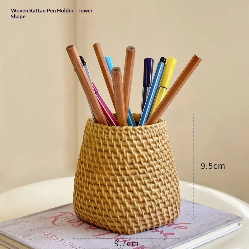 Rattan-Style Round Pen Holder & Makeup Brush Organizer Desk Organizer Zpaxo