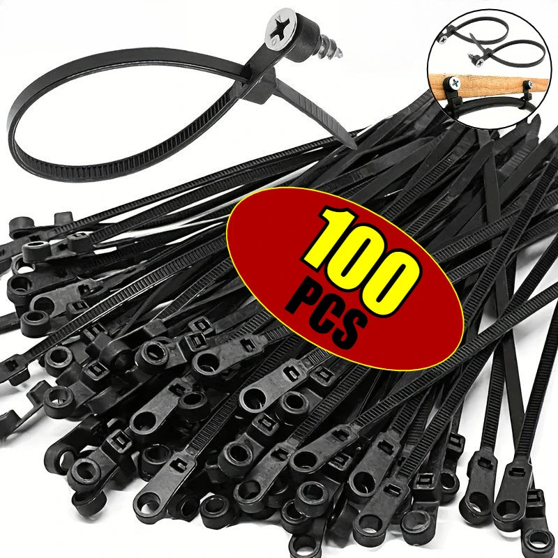 500-100PCS Screw Hole Cable Ties Reusable Fixed Nylon Cable Ties Self-locking Cord Ties Straps Fastening Loop Office Organizer Zpaxo