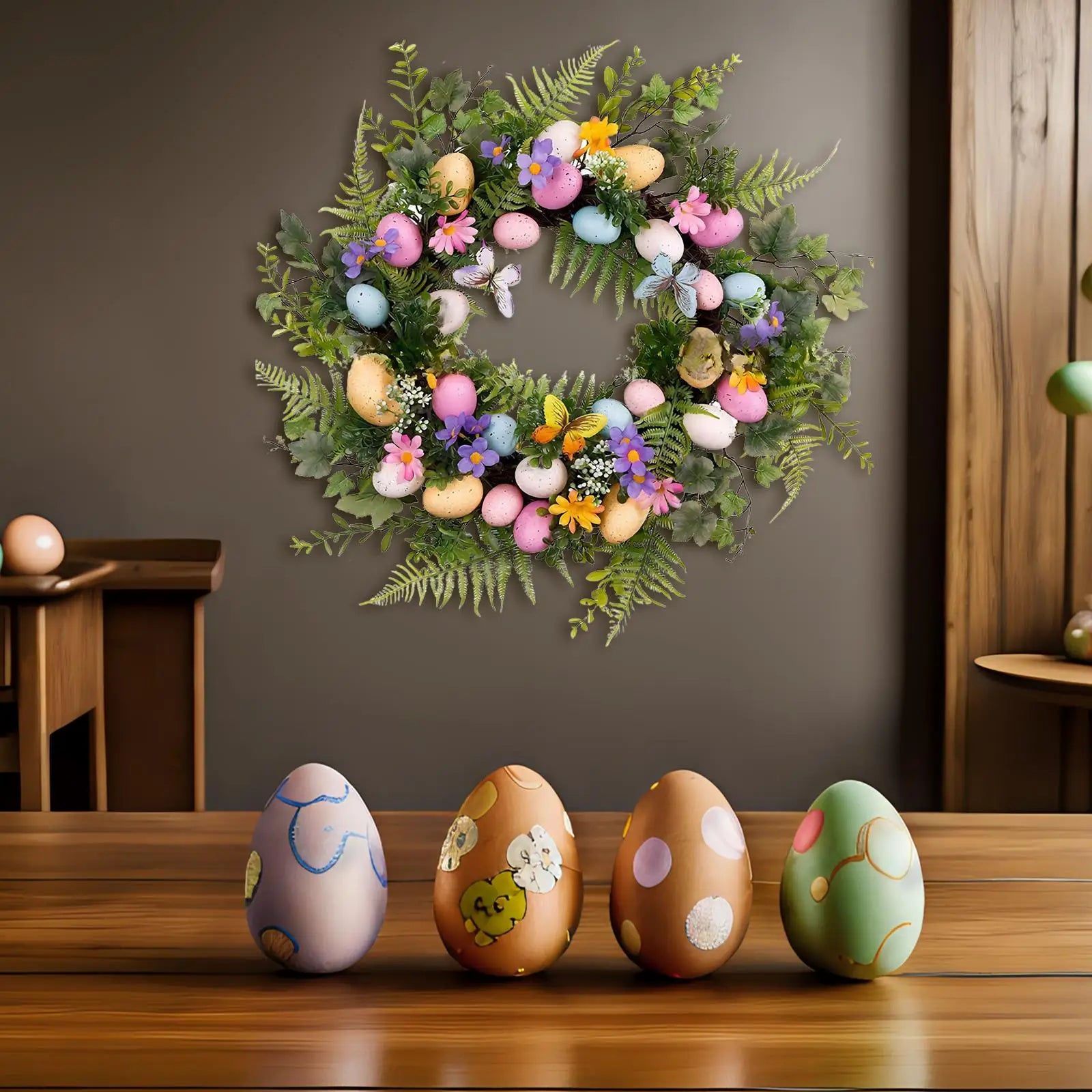 Easter Egg Wreath Artificial Green Leaves Garland Easter Door Garland for Front Door, Easter Celebration, Wall ,Window Decor Zpaxo