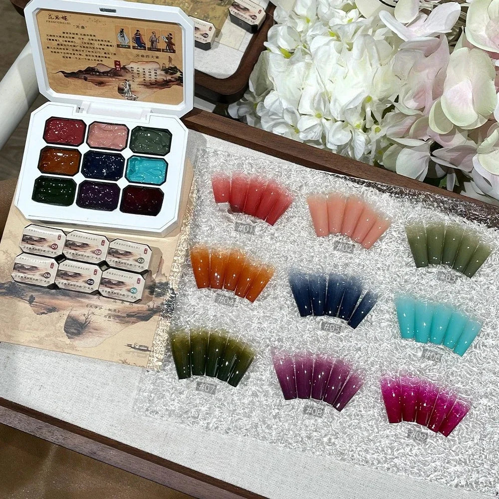 9-Color Chinese Style Gel Nail Glitter & Eye Shadow Palette Gel Nail Glitter Palette Zpaxo 9colors-set14
