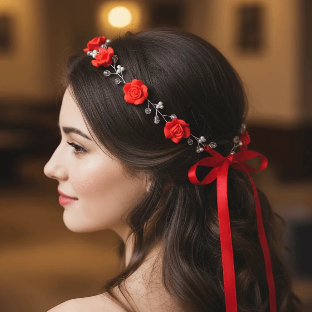 Hair Accessories Ribbon Bridal Headband Rose Flower Party Performance Pearl Flower Headband Floral Crown Women Zpaxo