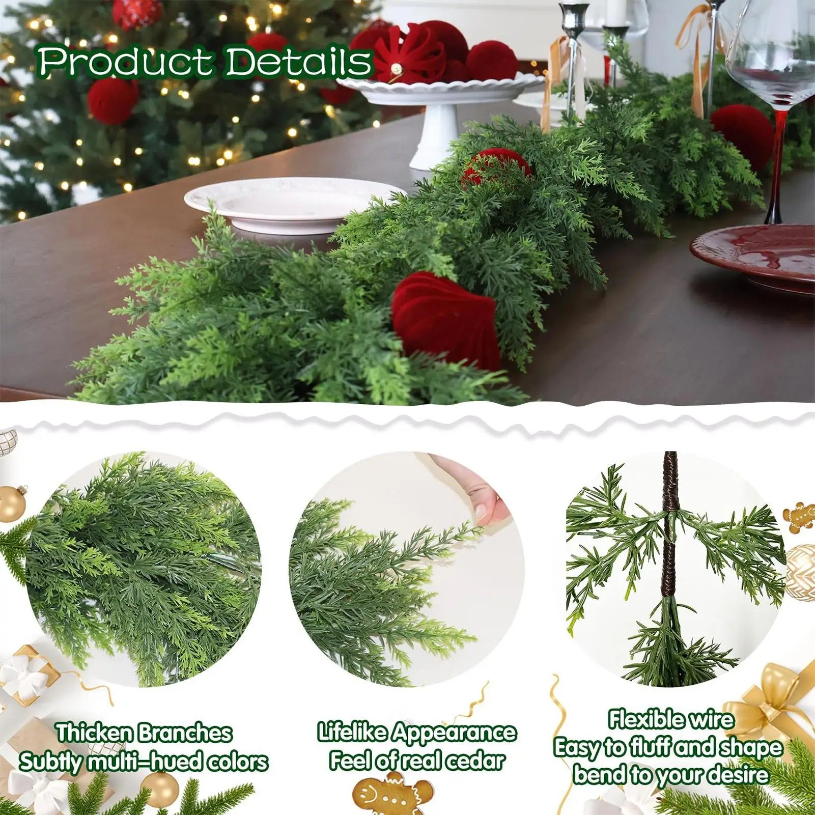 Christmas Garland Artificial Cedar Pine Realistic Foliage Winter