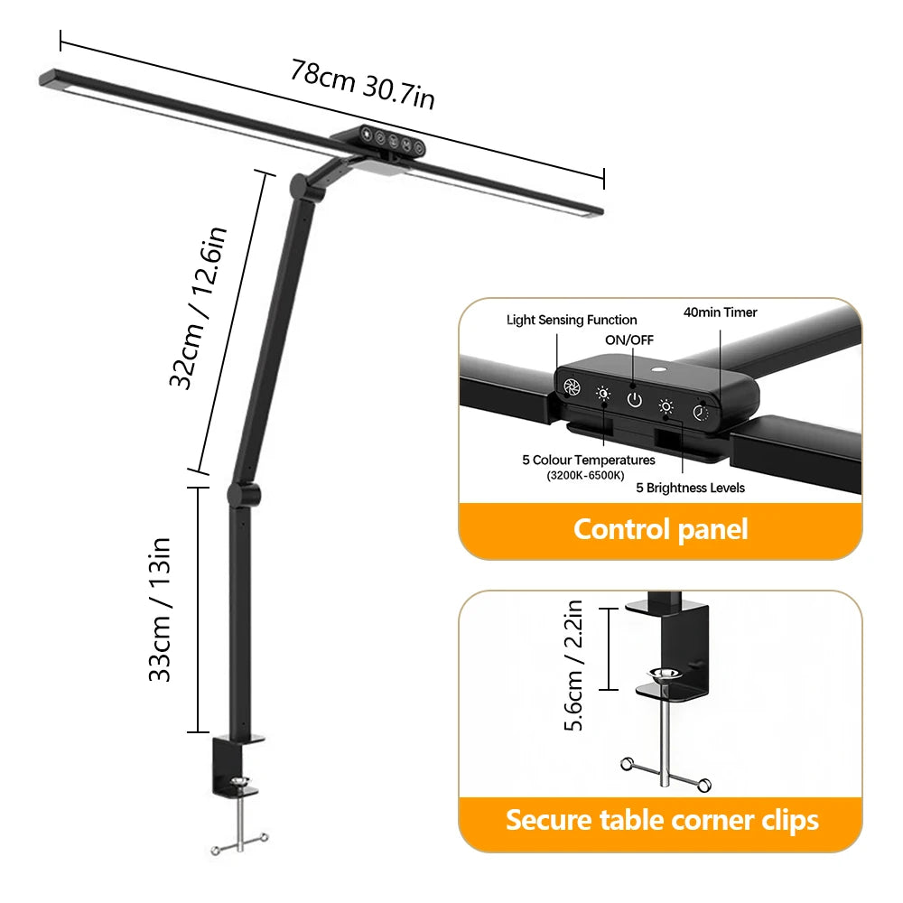 Home LED Eye-Care Reading Desk Lamp with Memory Timer Function 3200K-6500K Stepless Dimming 1800LM 2-Head PC Monitor Table Light Zpaxo 24W 108LED Desk Lamp US Plug