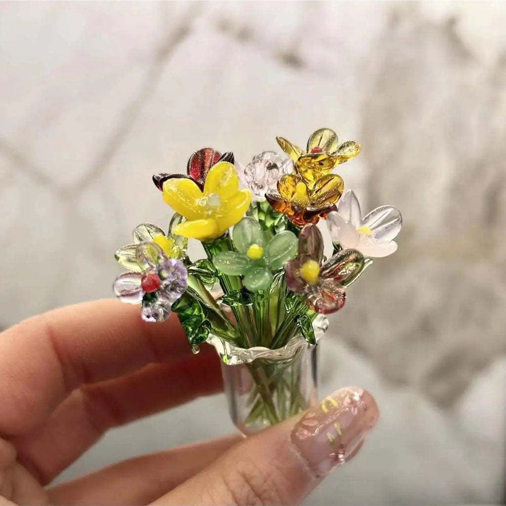Tiny Glass Flowers Vase Hand Blown Crystal Floral Ornaments Cute
