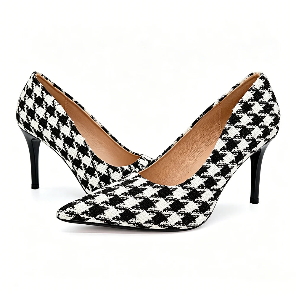 Women's Houndstooth 9cm High Heel Pumps – Vintage Plaid Office Shoes