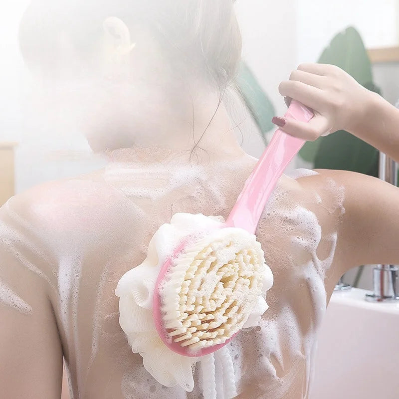 Dual-purpose long-handled bath brush with soft bristles for home use, with bath flower, for scrubbing back during bath Zpaxo