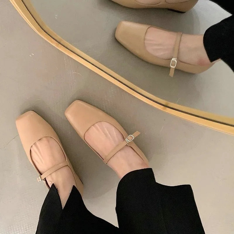Flats Shoes for Women Spring Autumn Retro Square Toe Shallow Mouth Silver Shoe for Women New Flat Mary Jane Shoes Zpaxo