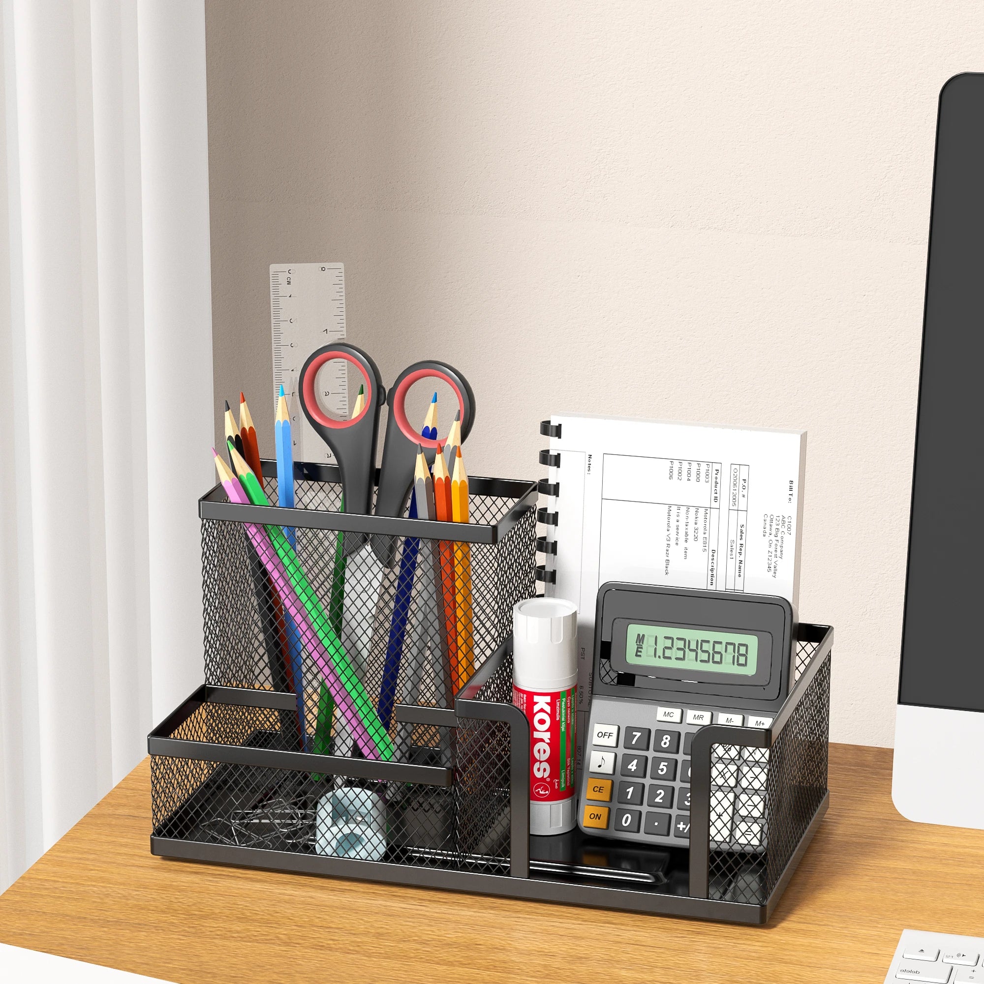 Mesh Desk Organizer Office Supplies Caddy with Pencil Holder and Storage Baskets for Desktop Accessories, 3 Compartments, Black Zpaxo