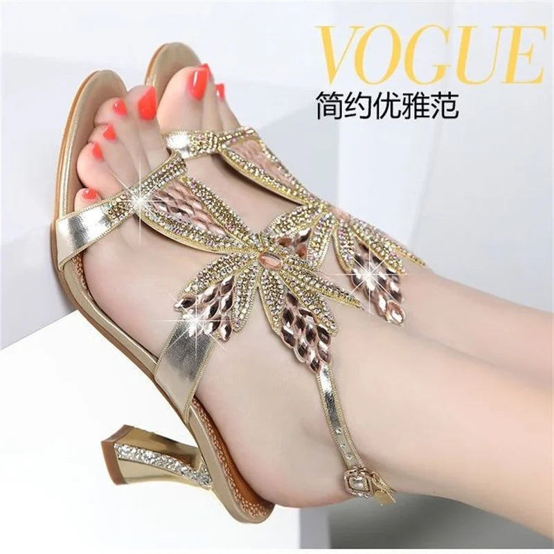 CINESSD Leather Women Sandals Pumps Summer Rhinestone Heel Wedding Zpaxo