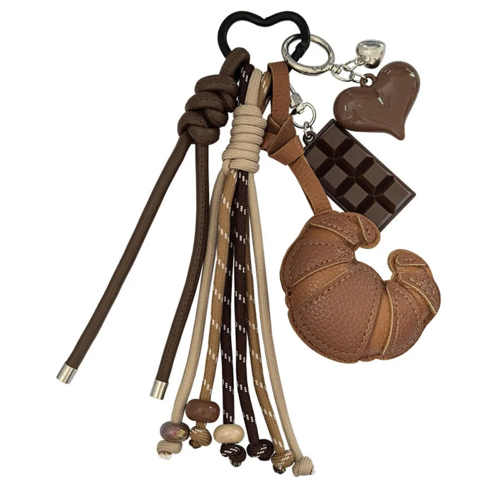 Diy Braided Rope Leather Croissant keychain Hand-Woven Bag Decoration Ladies Horn Bag Pendant Anti-Lost Trinket Zpaxo Brown