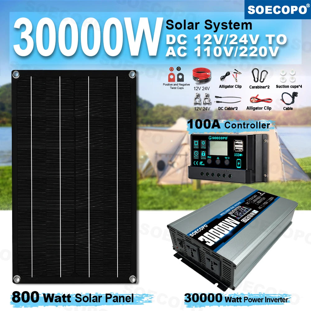 SOECOPO 30000W Portable Solar System Kit 800W Panel, Inverter 2 Sockets Dual Voltage Input 12V/24V 100A Controller Camping/Home Zpaxo