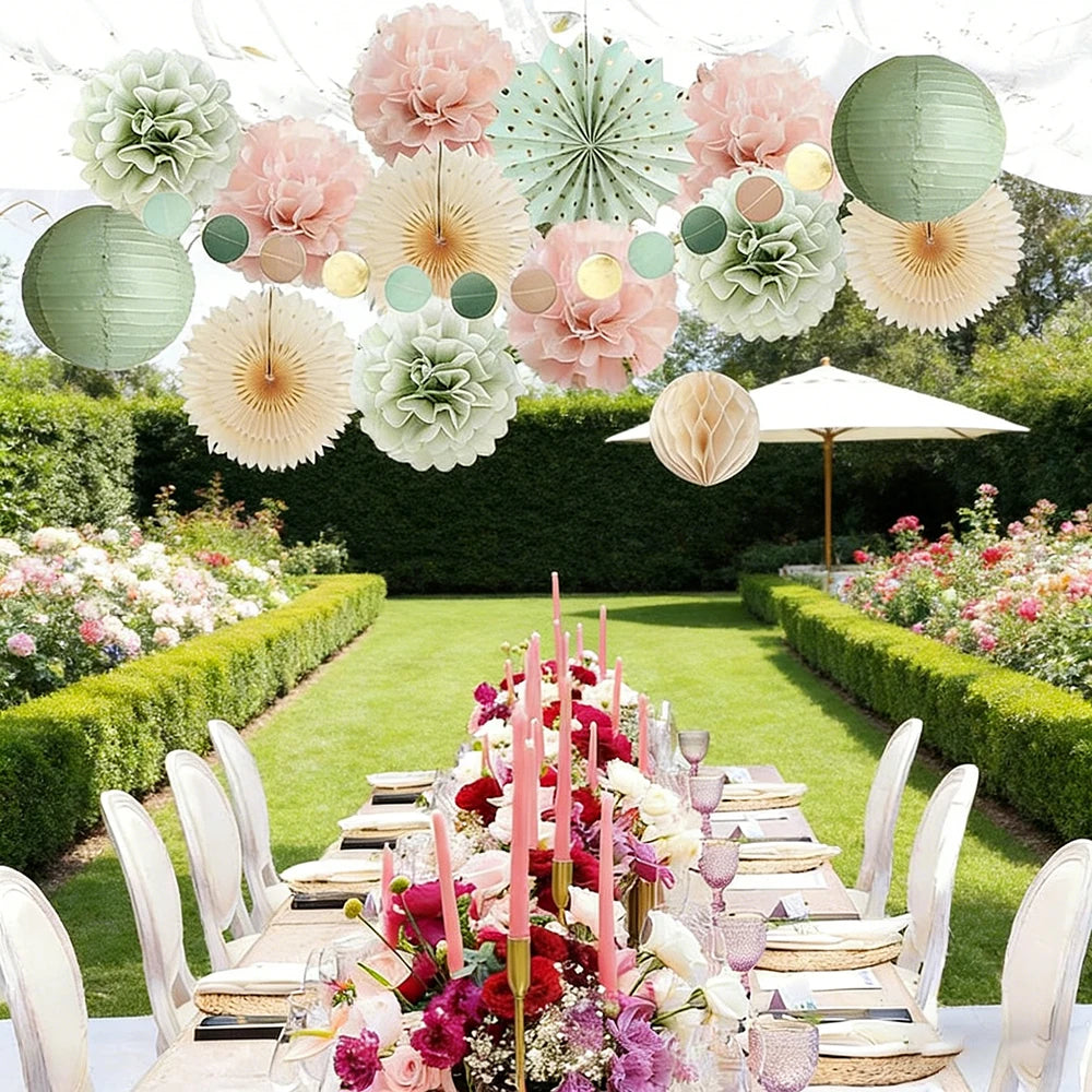 Sage Green Paper Lantern Fans Pom Poms Flowers Hanging Decorations
