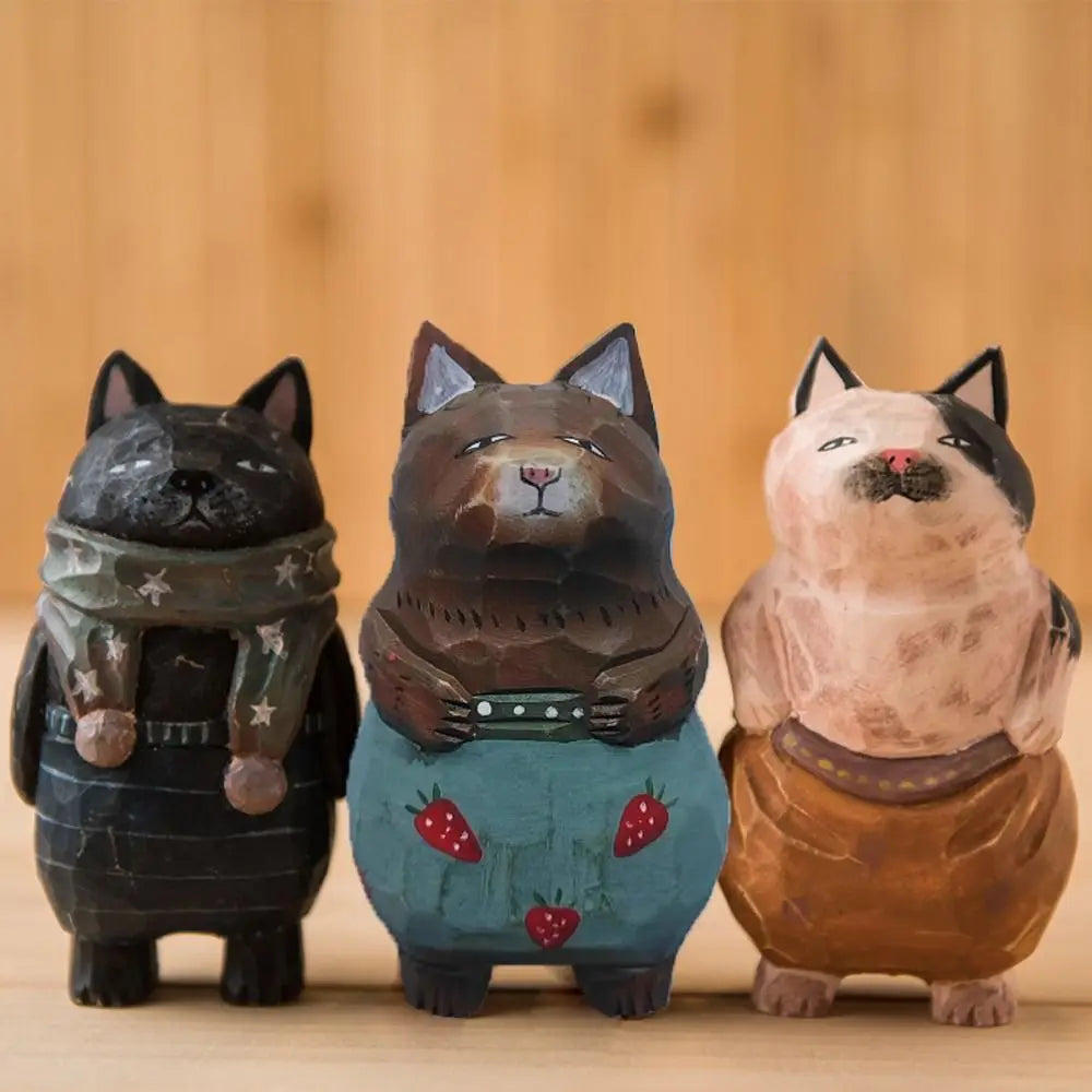 Cute Wood Carving Cat Ornament Small Simple Painted Cartoon Sculpture Zpaxo