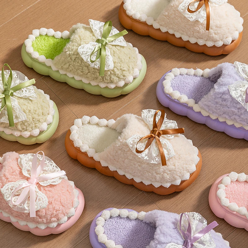 Winter Warm Fur Slippers Women Thick-soled Household Cute Bow Non