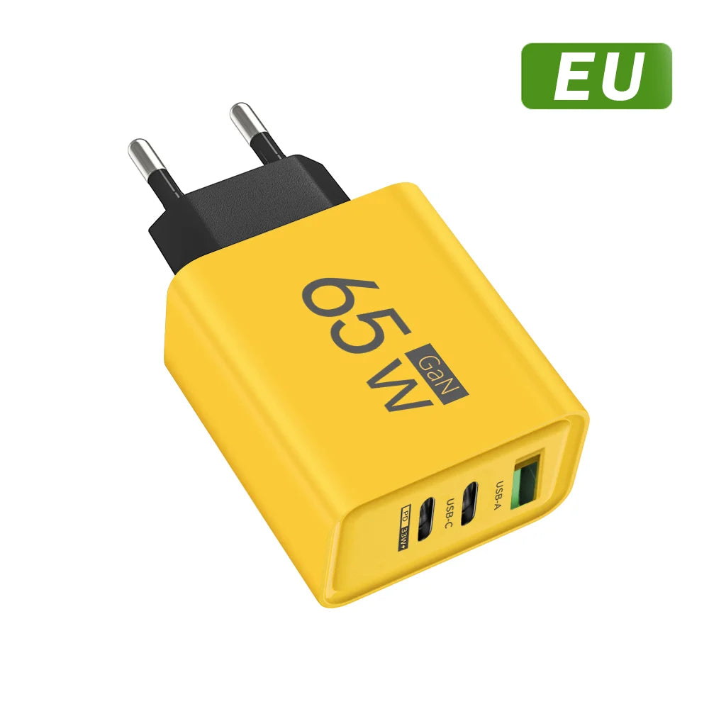 65W GaN USB-C Fast Charger PD 3.0 – 3-Port EU/US Wall Adapter GaN Wall Charger Zpaxo EU Yellow