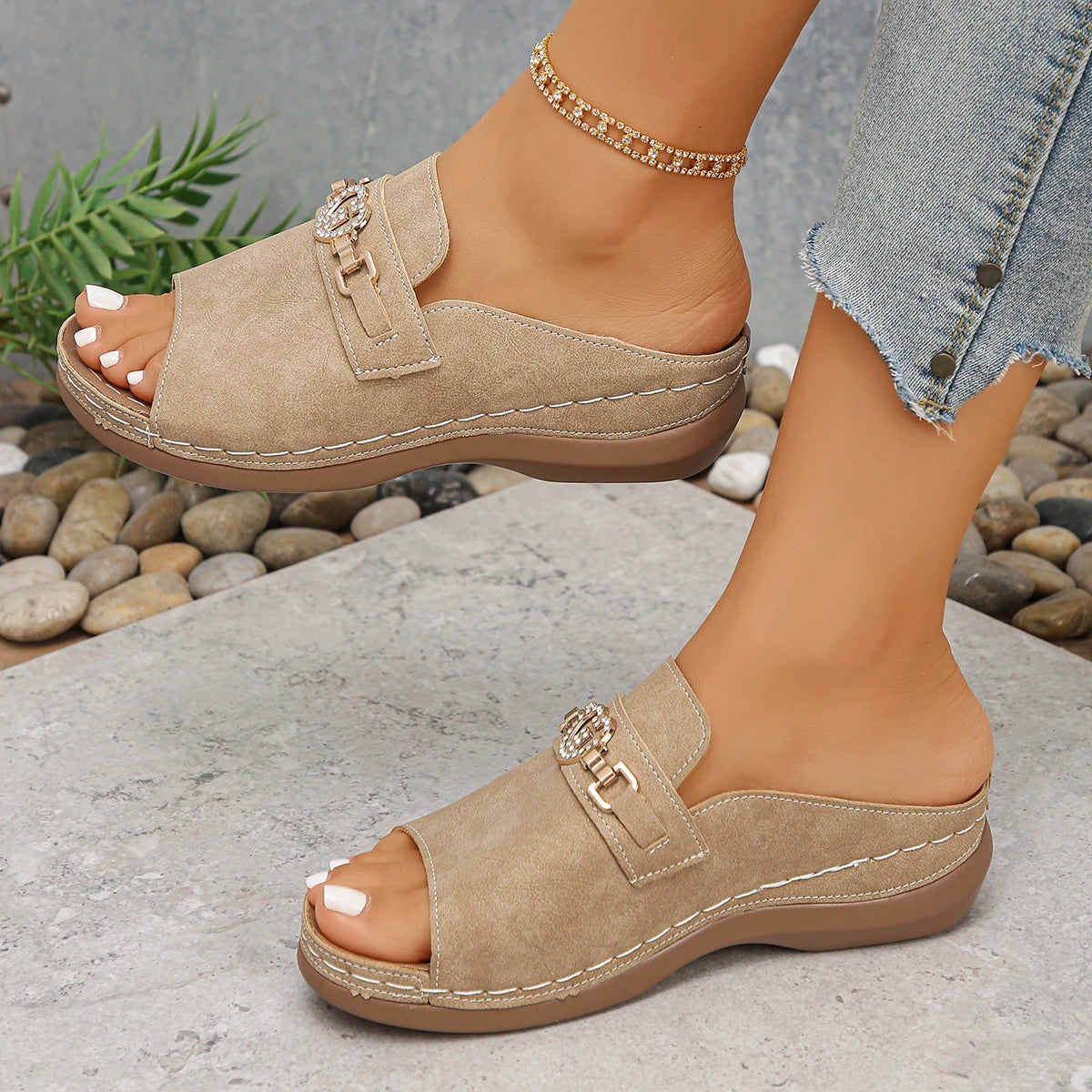 2025 Women Slippers Casual Thick Heel Sandals Large Size Metal Buckle Fish Mouth Slippers Fashionable Roman Shoes Slides Women Zpaxo Khaki 43