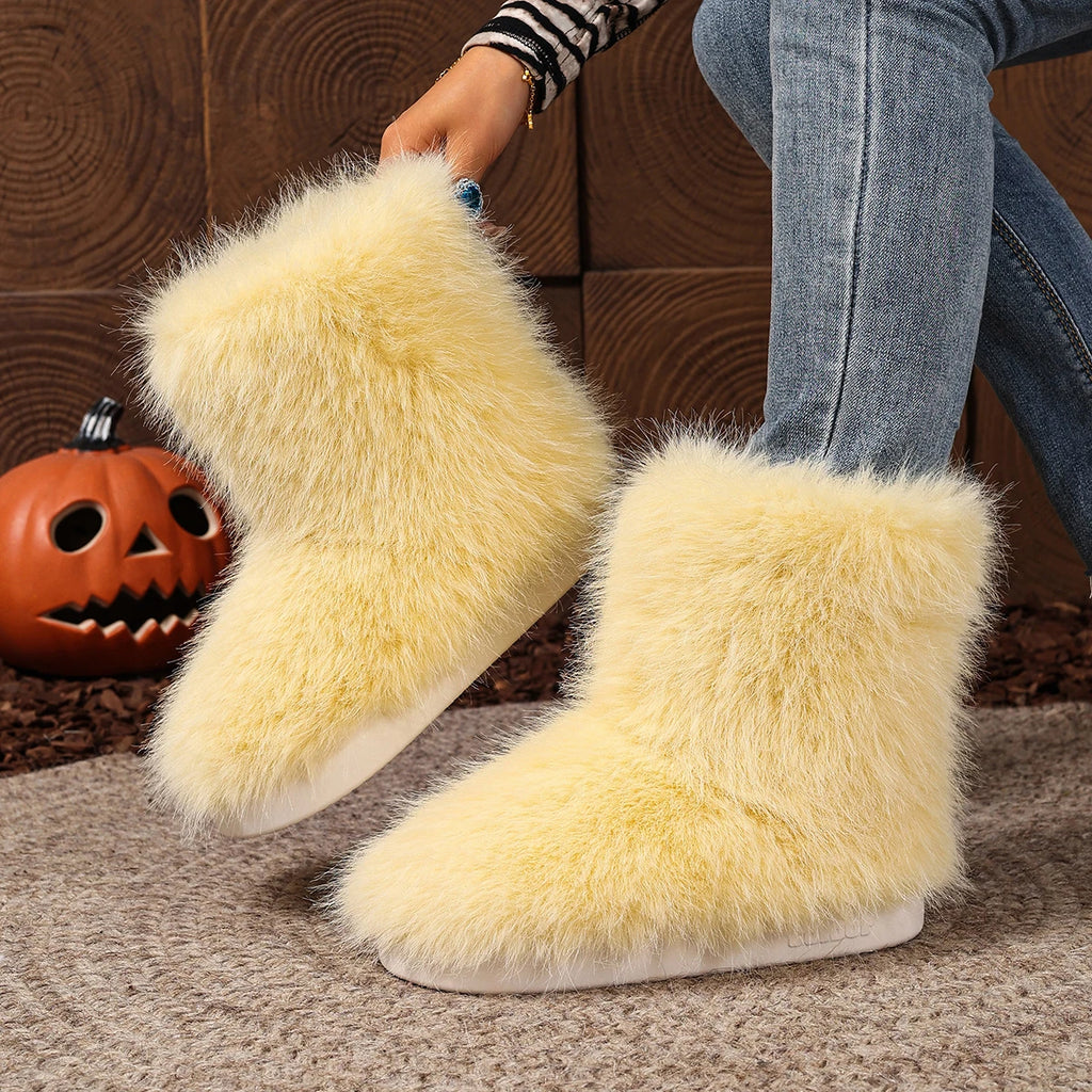 Women Snow Boots 2025 New Plush Warm Platform Shoes Fashion Big Size Shoes Women Outdoor Luxury Furry Faux Fox Fur Boots Woman Zpaxo YELLOW 38-39