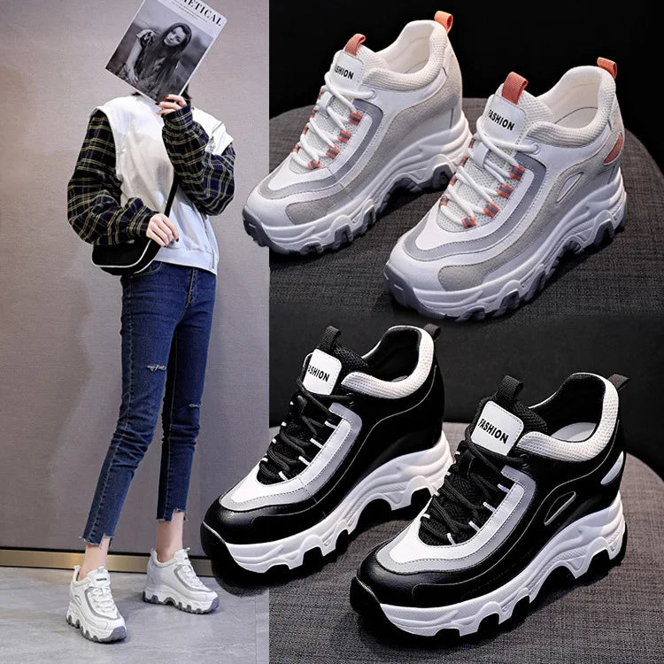 Tone Platform Wedge Sneakers Women Lace Up Design Round Toe Non Slip Zpaxo