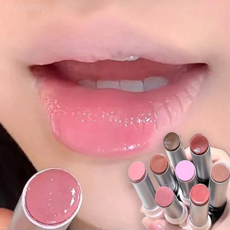 Pink Crystal Mirror Glass Solid Lip Gloss Round Tube Water Light