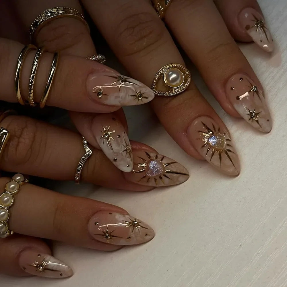 24pcs Long Almond False Nails French Leopard Star Press on Nails Fake Nails DIY Manicure Detachable Nail Tips Zpaxo Z1029