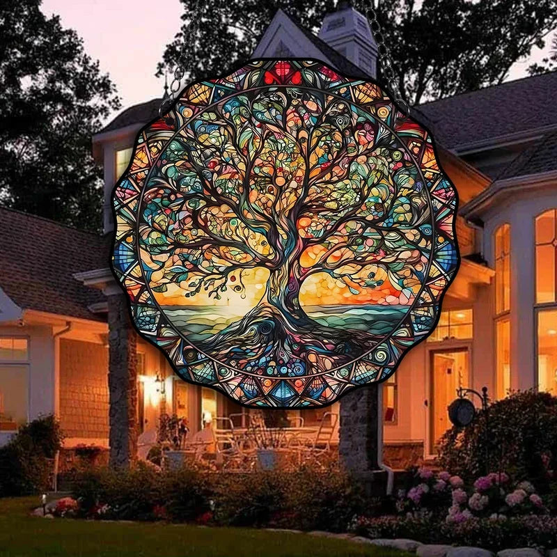 Tree Life Wall Art Decor Sun Hanging Sign Round Indoor Outdoor Window