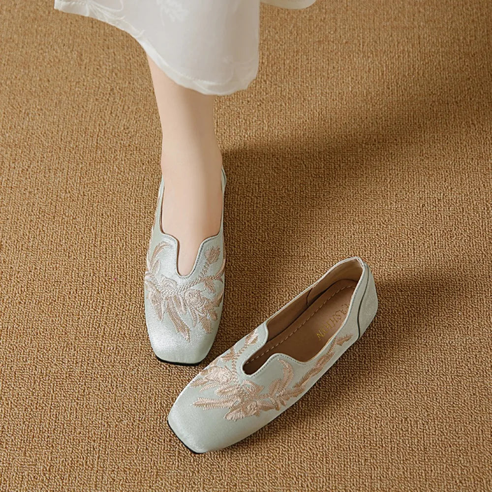 Womens Square Toe Embroidery Loafers Shoes Flats Moccasins Casual
