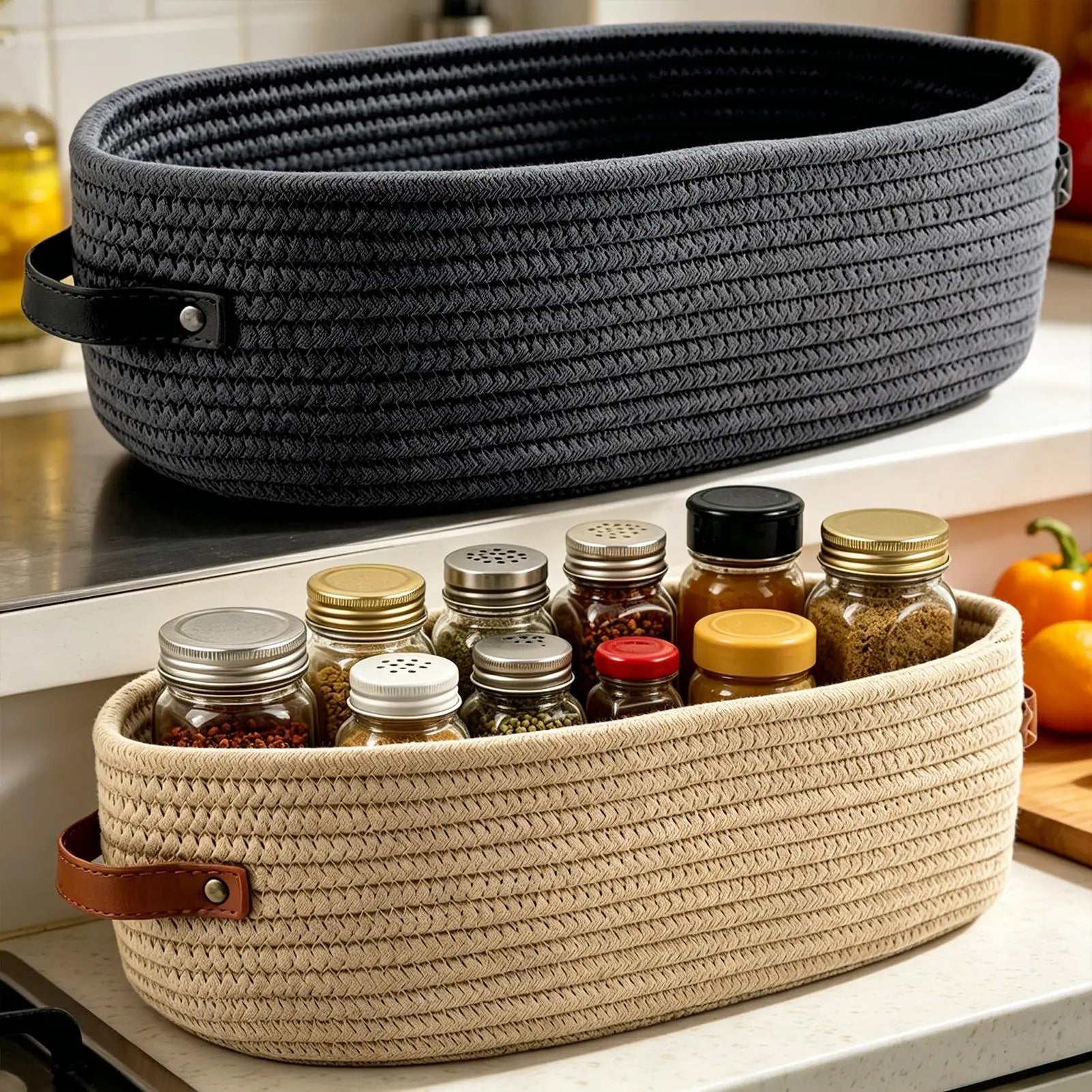 Woven Storage Baskets Leather Handles Decorative Cotton Rope