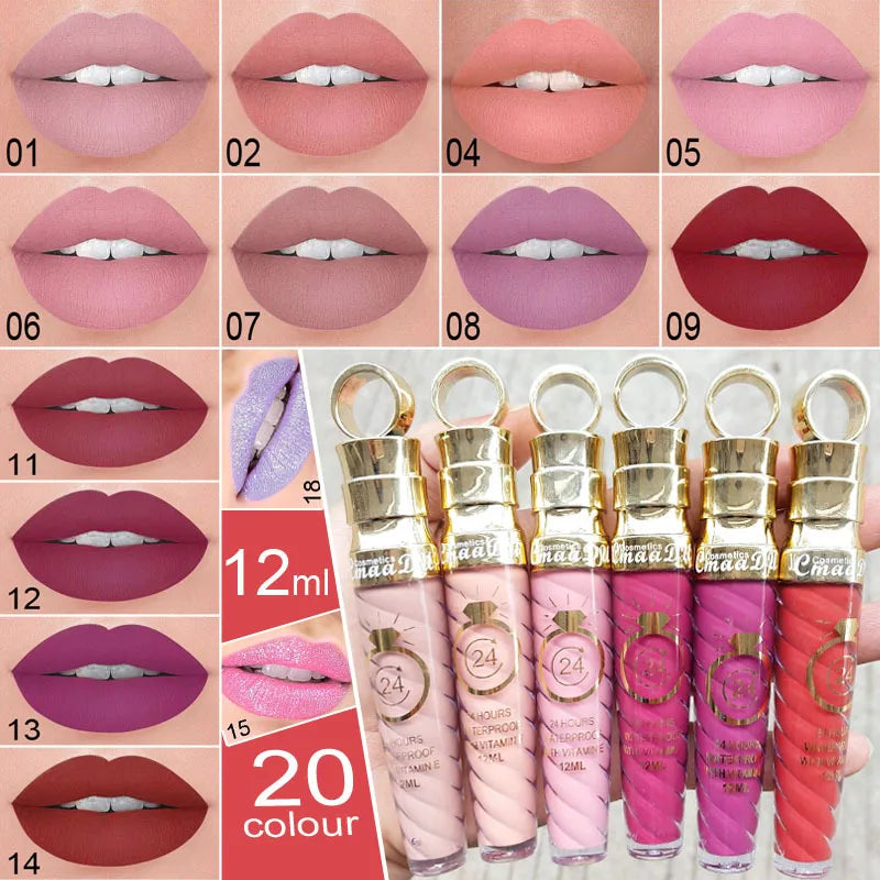 20 Colors Matte Liquid Lipstick Waterproof Long Lasting Shimmer Nude Lip Gloss Glitter Non-stick Cup Red Lip Tint Beauty Makeup Zpaxo
