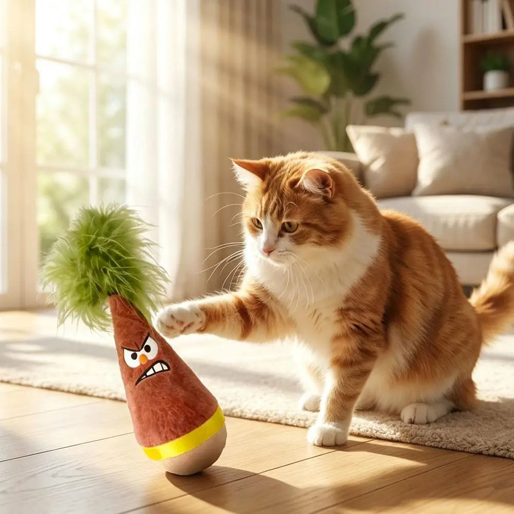 Cat Toy Soft Wooden Wobble Natural Beechwood Self Righting Tumbler – 1 Pack Angry & Happy Carrot Small H Dog No Squeaker Zpaxo