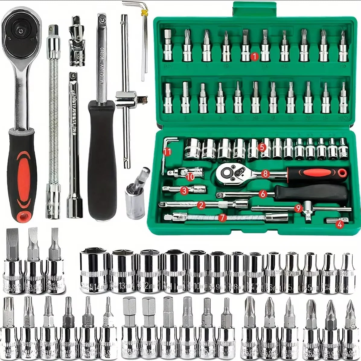46Pcs Family Tools 1/4 Set Mechanic Tool Kits for Auto Repair Hous with Sockets Metric Hex Bit Socket Set inch Ratchet Wrench Zpaxo 46pcsAs shown 5 46Pcs