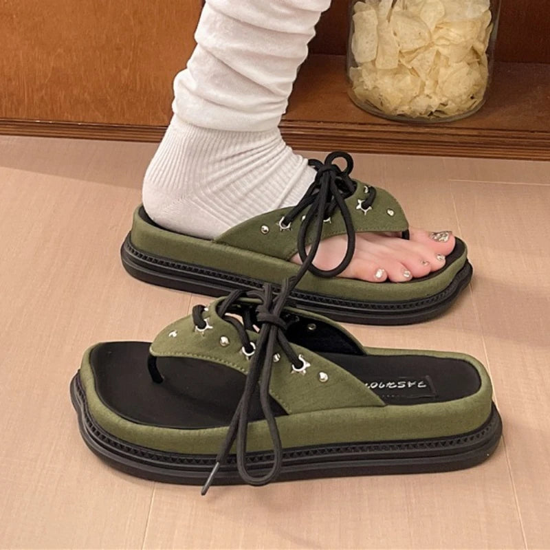 Women's Square Clip-toe Comfortable Vintage Mid Heel Slippers 2026 Zpaxo green 36