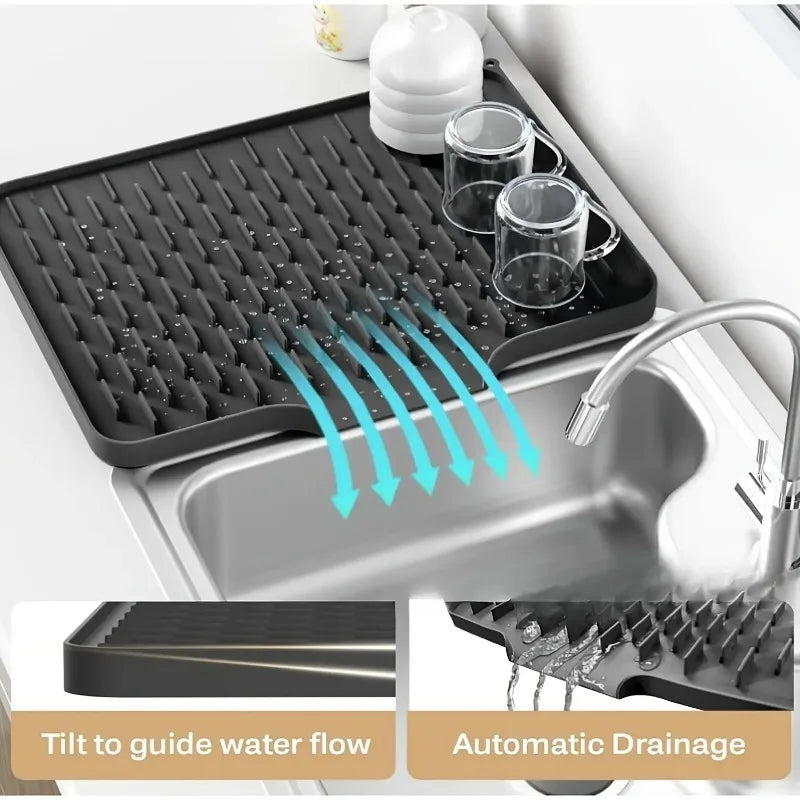Non-slip Silicone Kitchen Drain Mat Built-in Drainage Design