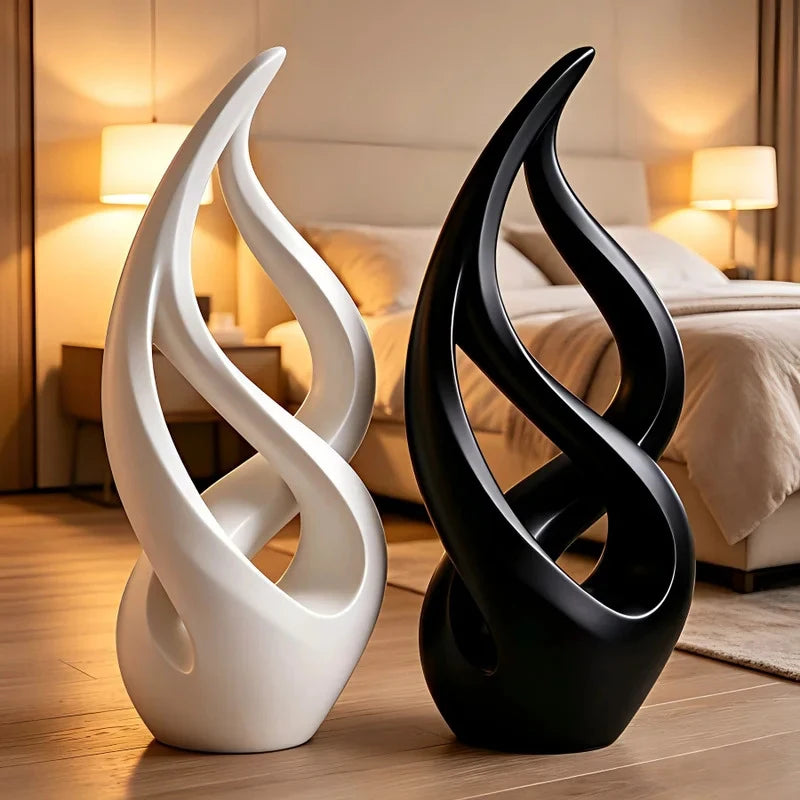 Modern Abstract Twisted Resin Sculpture, Matte Black White Flowing Curve Floor Statue, Minimalist Hollow Art Ornament Home Decor