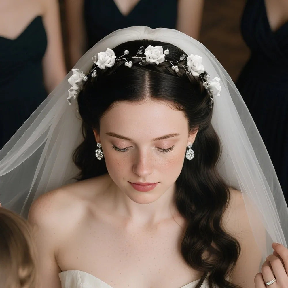 Hair Accessories Ribbon Bridal Headband Rose Flower Party Performance Pearl Flower Headband Floral Crown Women Zpaxo