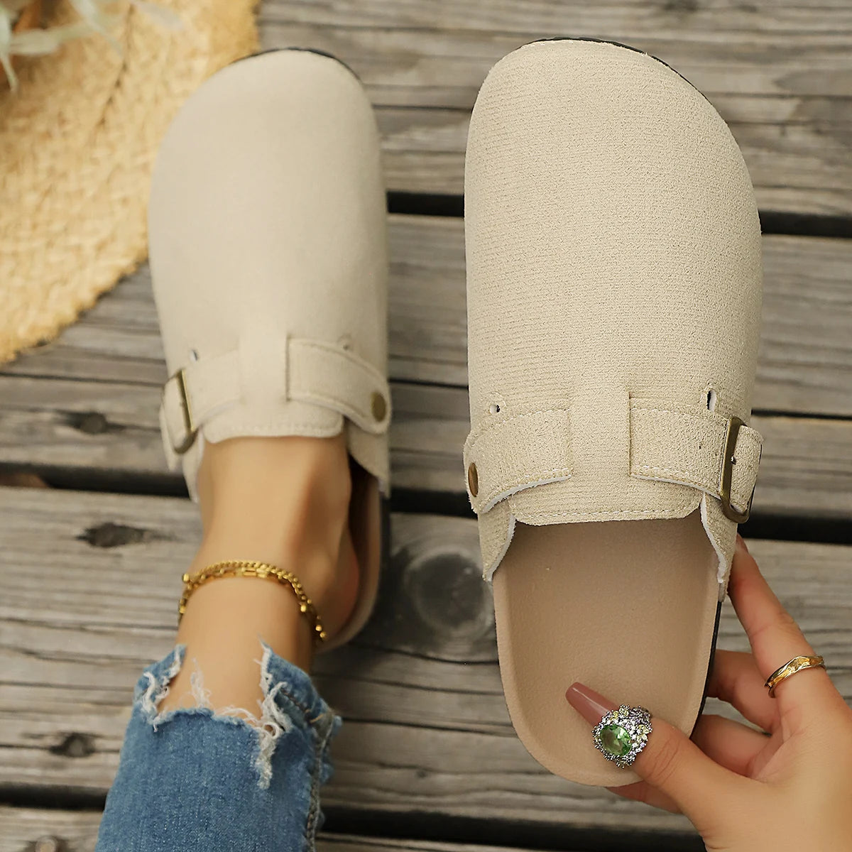 2026 Women Cork Sole Slippers Fashion Flat Mules Buckle Shoes Beach