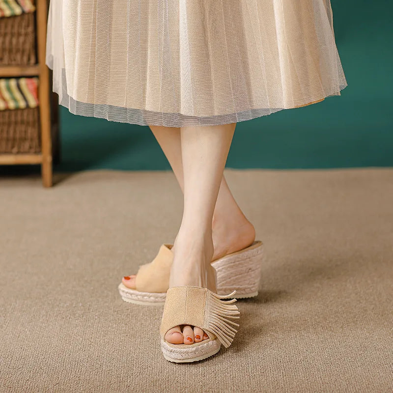 Slope Lace Heeled Sandals for Women Summer Black Thick Sole Waterproof Platform High Heels Gladiator Sandals Slippers for Women Zpaxo Beige 38